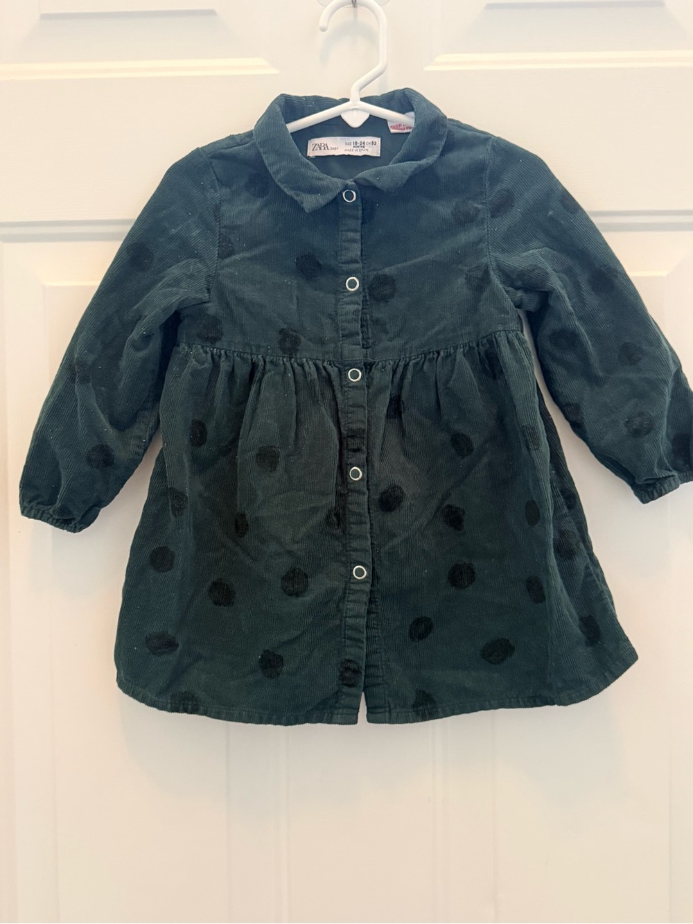 Zara Dark Green Corduroy Polka Dot Button-Front Dress